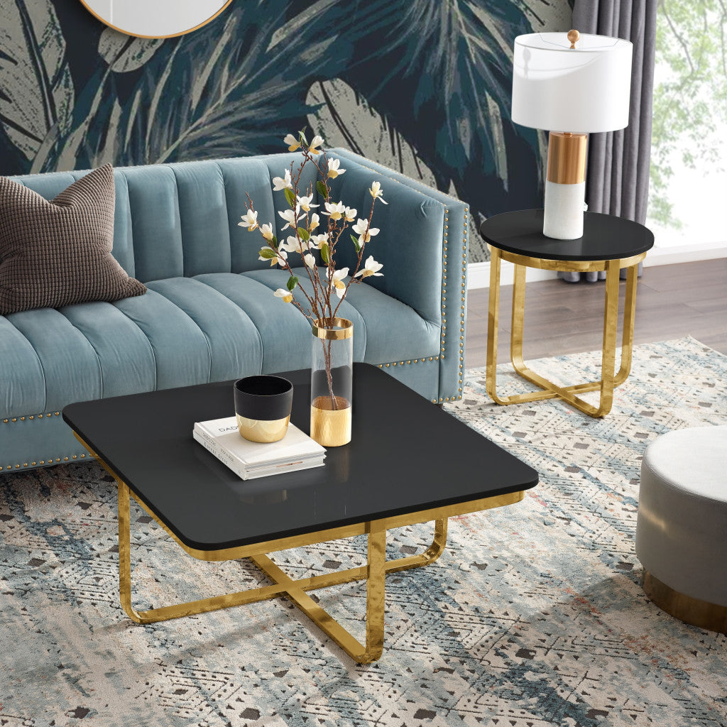 35" Black And Gold Stainless Steel Square Coffee Table