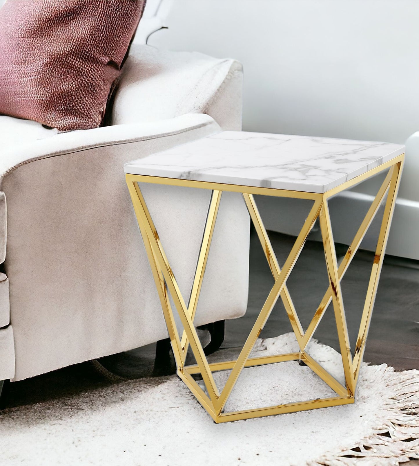 22" Silver Metallic And White Stone Square End Table