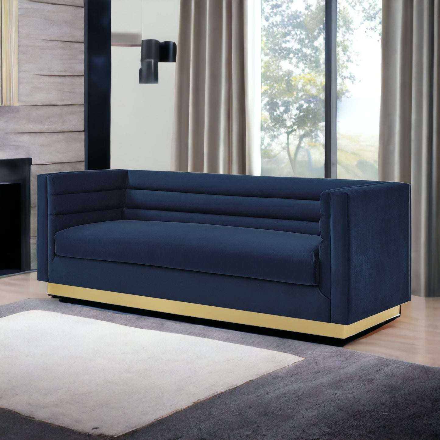 84" Navy Blue Velvet Sofa With Legs