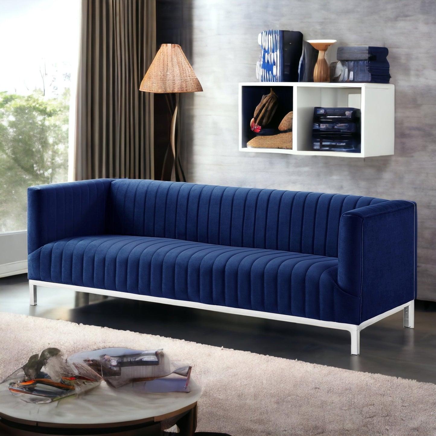 85" Navy Blue Velvet Sofa With Silver Legs