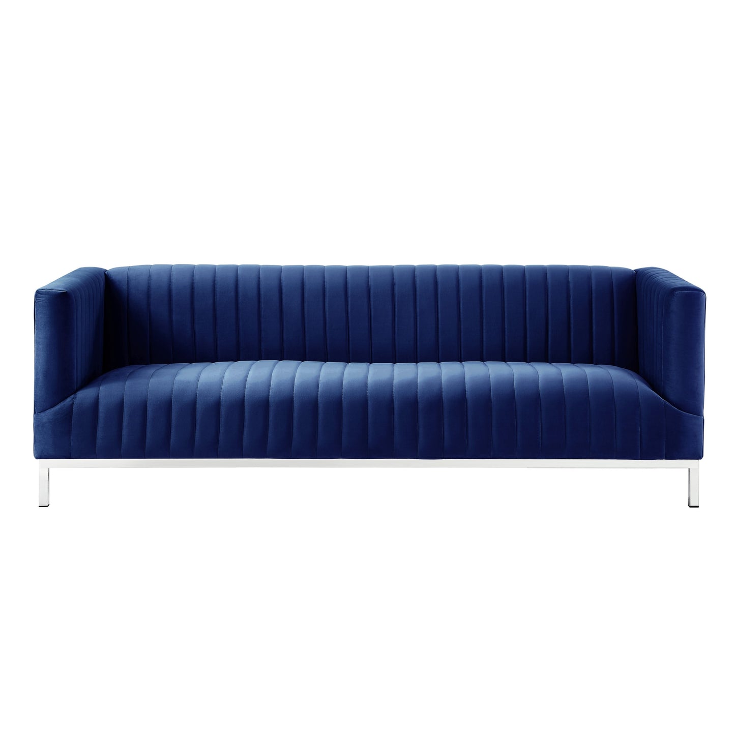 85" Navy Blue Velvet Sofa With Silver Legs