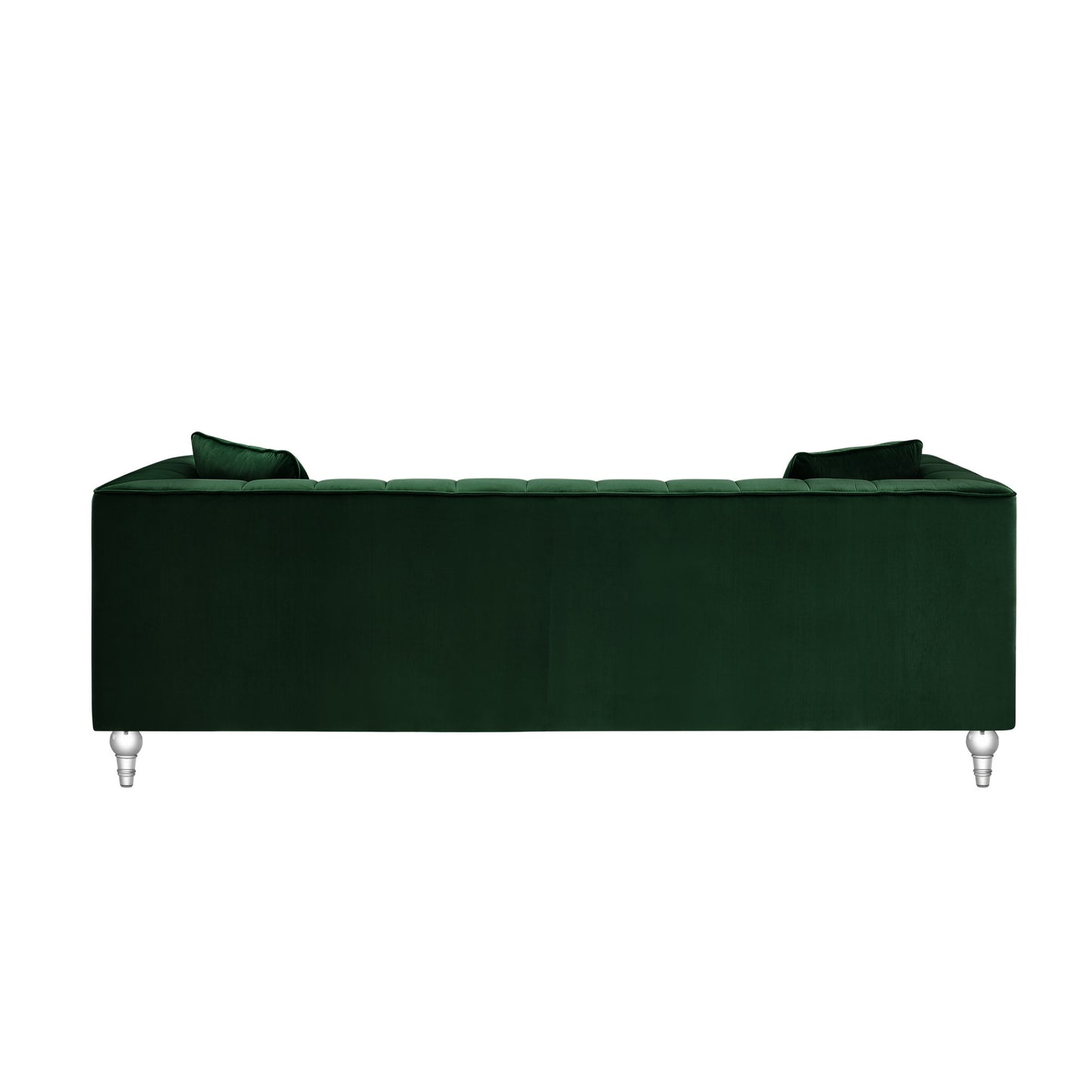 88" Hunter Green Velvet Sofa And Toss Pillows With Clear Legs