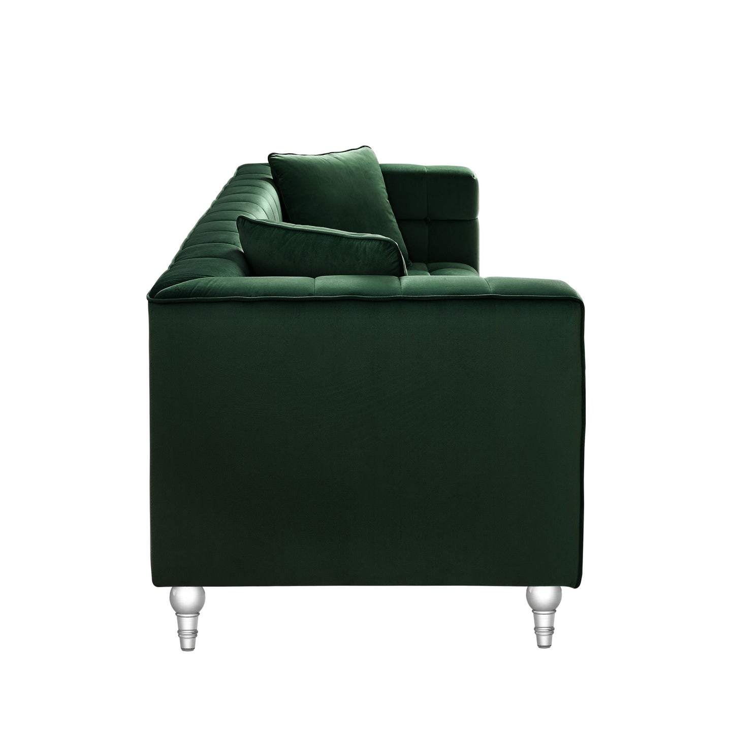 88" Hunter Green Velvet Sofa And Toss Pillows With Clear Legs