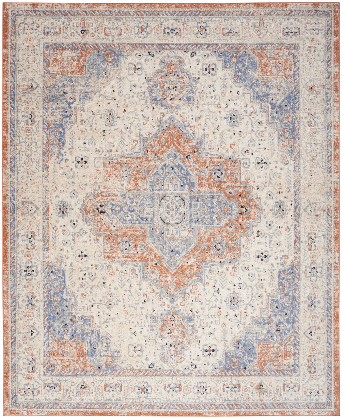 Distressed ivory Persian-style area rug with blue and rust central medallion and ornate floral border.