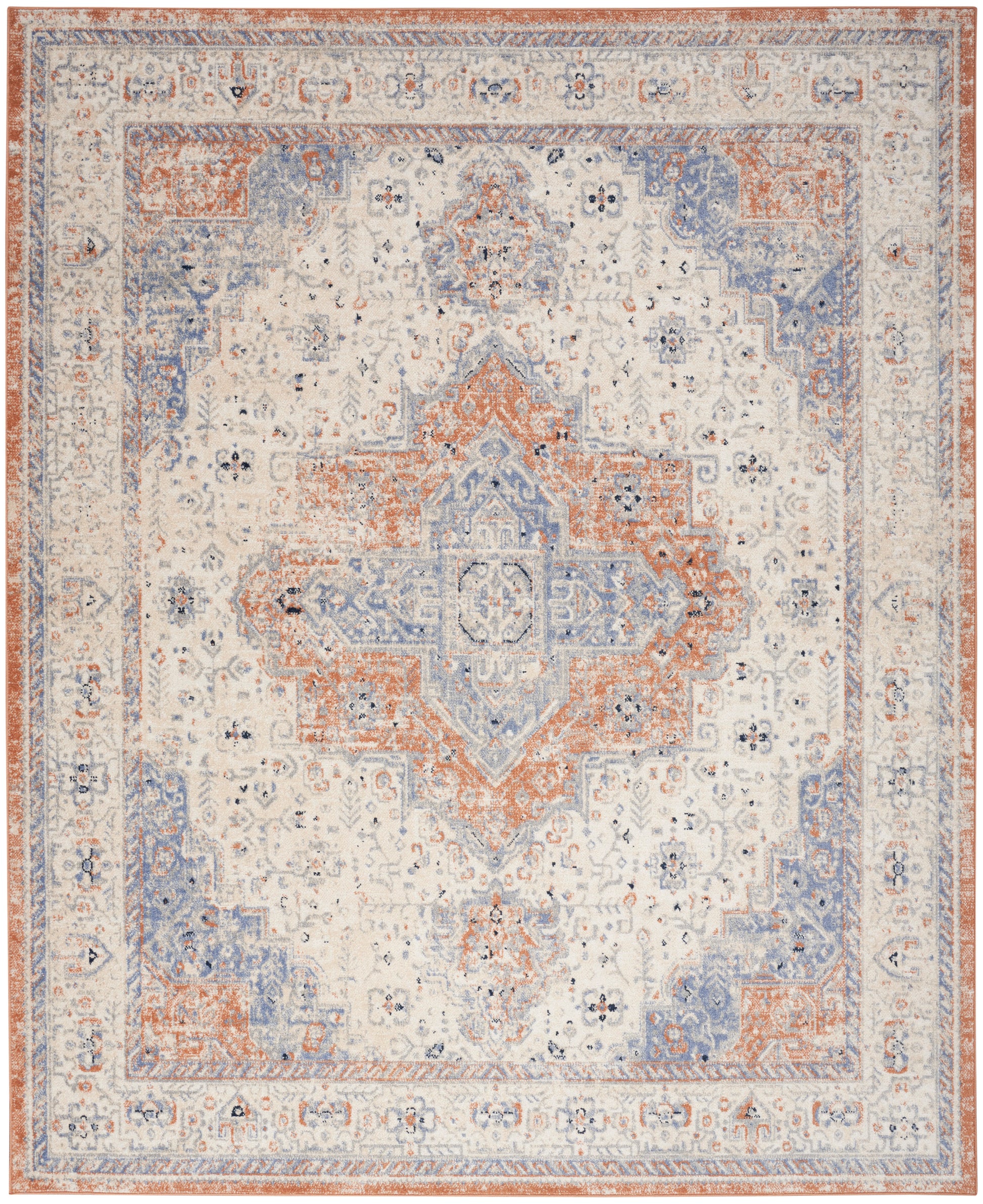 Distressed ivory Persian-style area rug with blue and rust central medallion and ornate floral border.