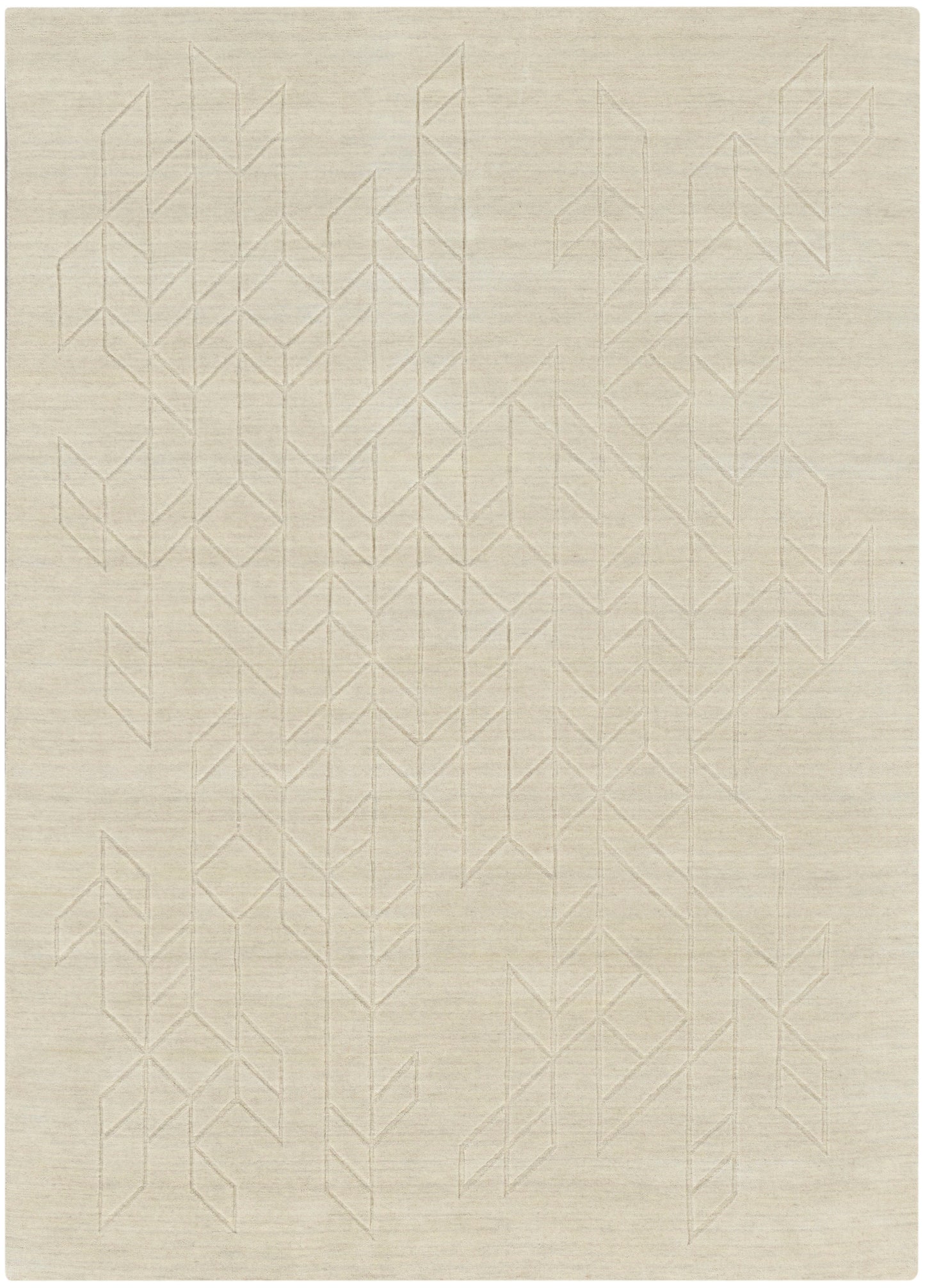 Neutral beige area rug with a faint geometric chevron lattice pattern and subtle stitched lines; modern minimalist.