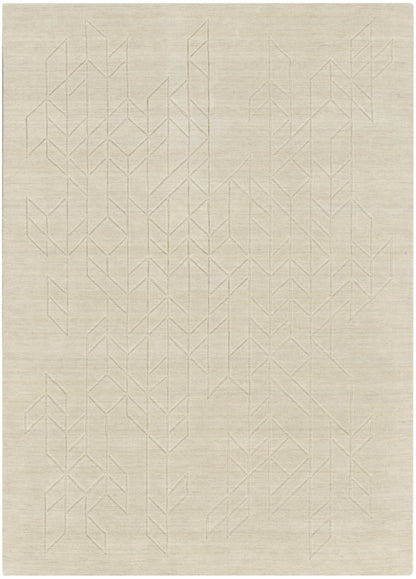 Neutral beige area rug with a faint geometric chevron lattice pattern and subtle stitched lines; modern minimalist.