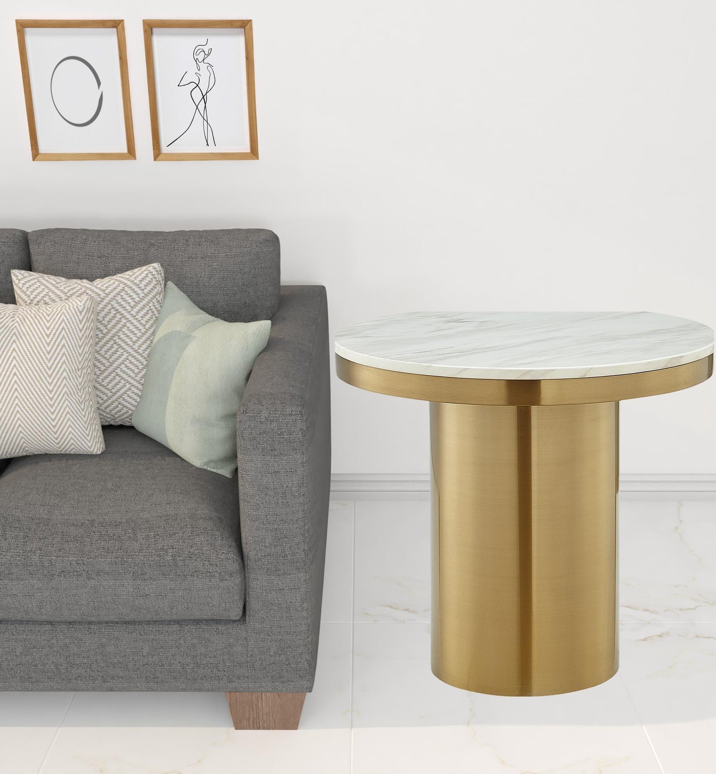 22" Gold And White Marble And Stainless Steel Round End Table