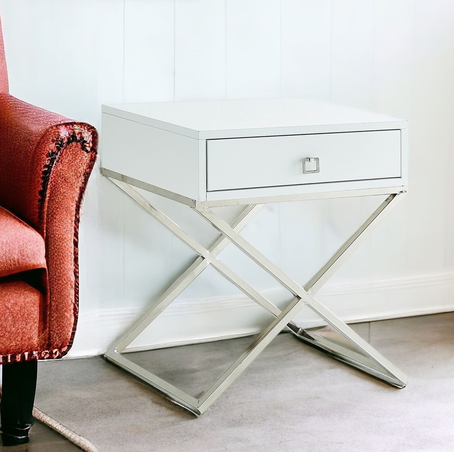 25" Silver Metallic And Light Gray End Table With Drawer