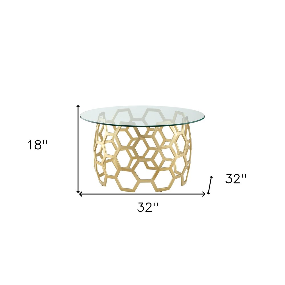 32" Clear And Gold Glass And Iron Round Coffee Table