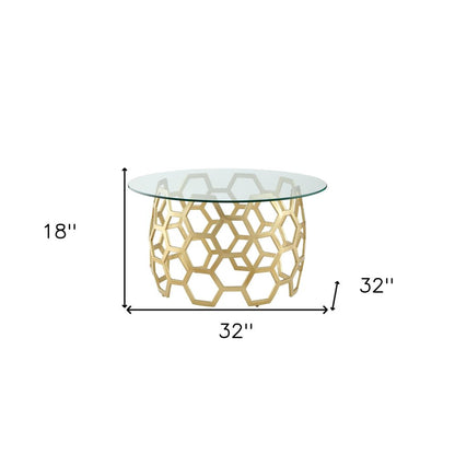 32" Clear And Gold Glass And Iron Round Coffee Table