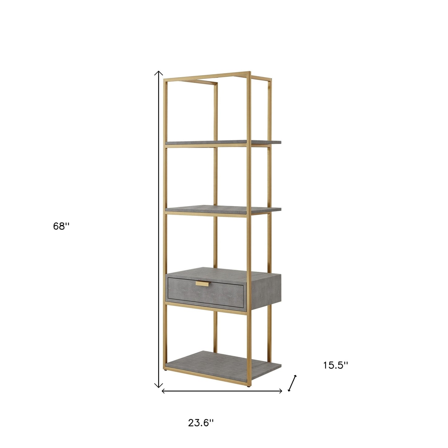 68" Gray Stainless Steel Four Tier Etagere Bookcase with a drawer