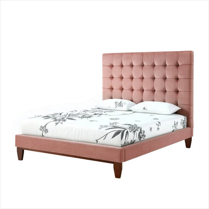 Blush Solid Wood Queen Tufted Upholstered Velvet Bed