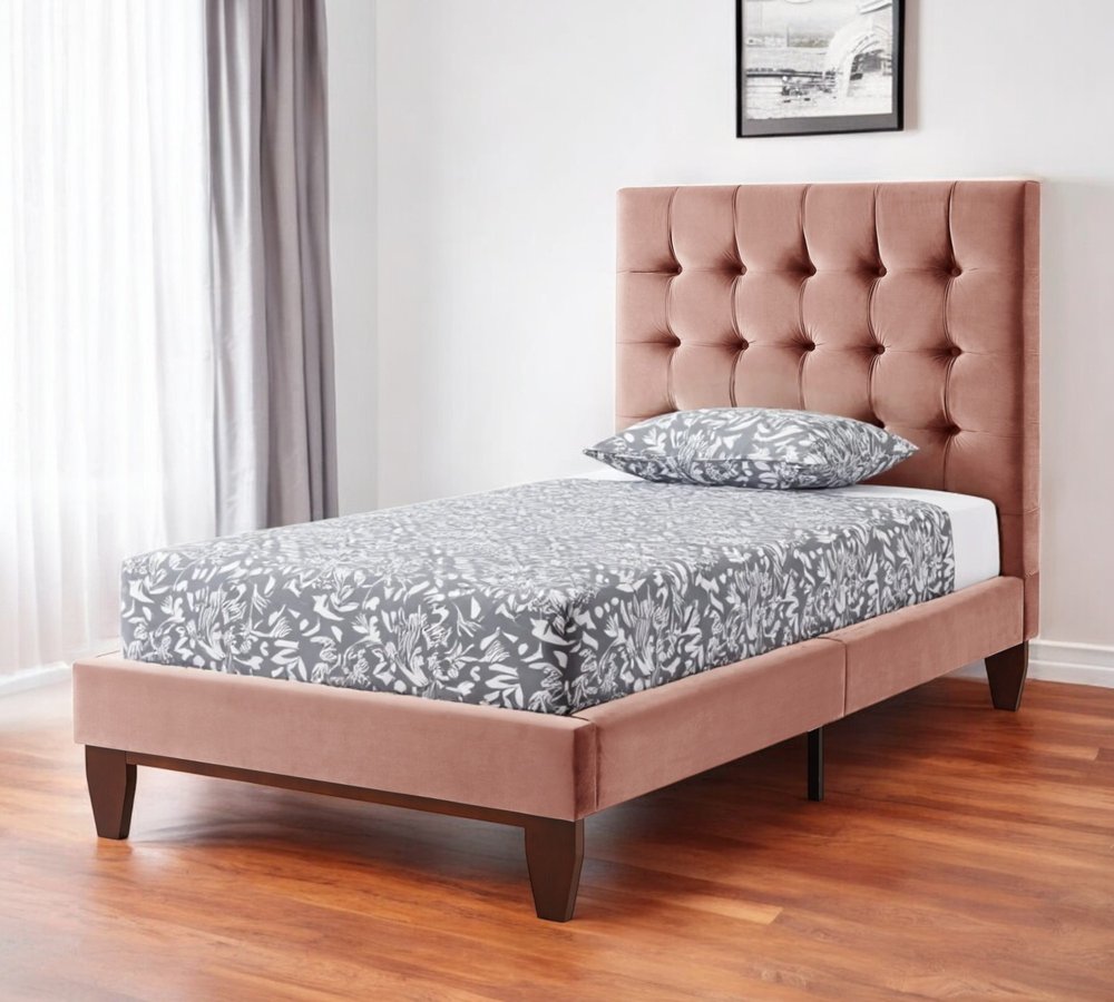 Blush Solid Wood Twin Tufted Upholstered Velvet Bed