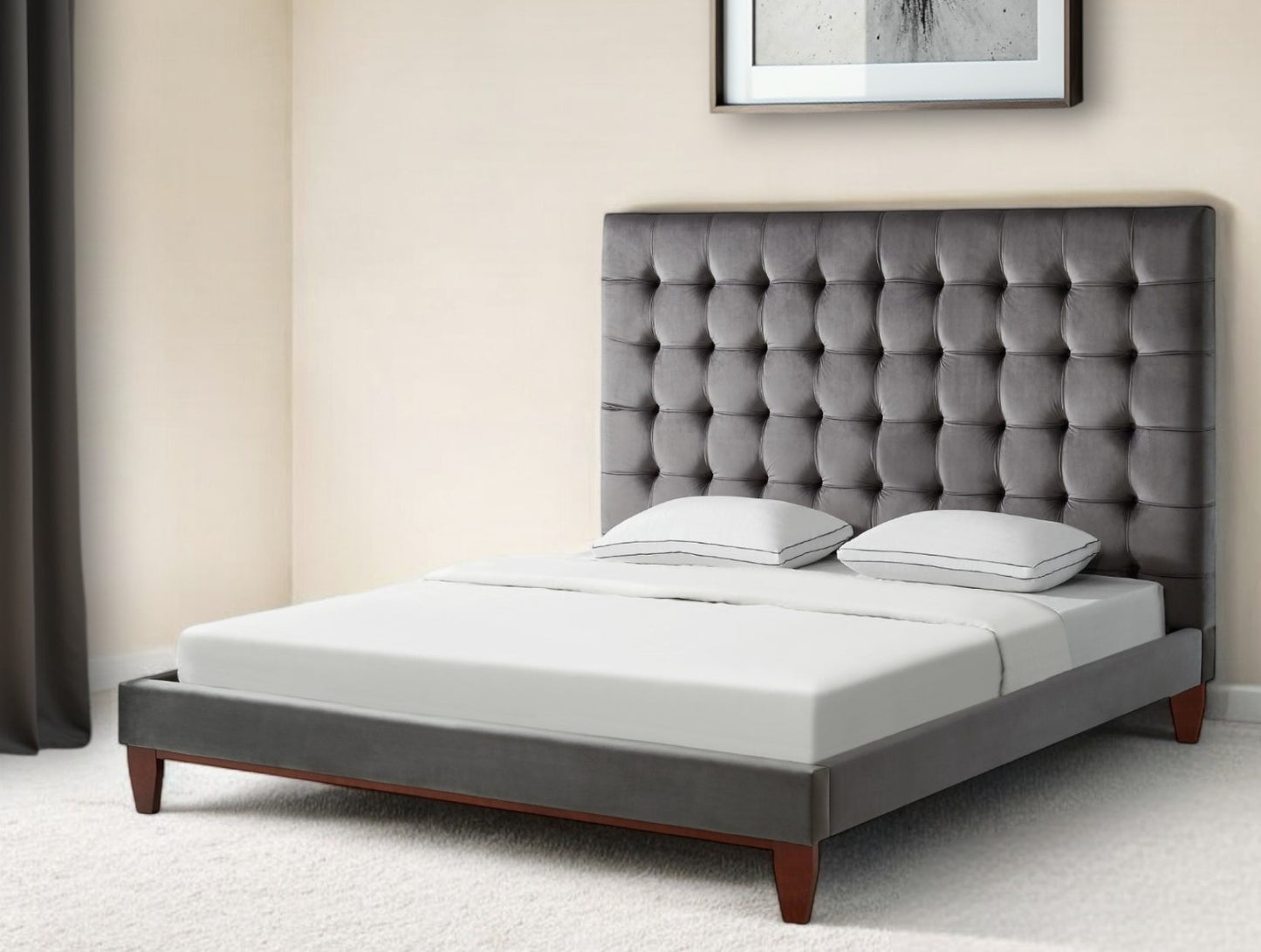 Gray Solid Wood King Tufted Upholstered Velvet Bed