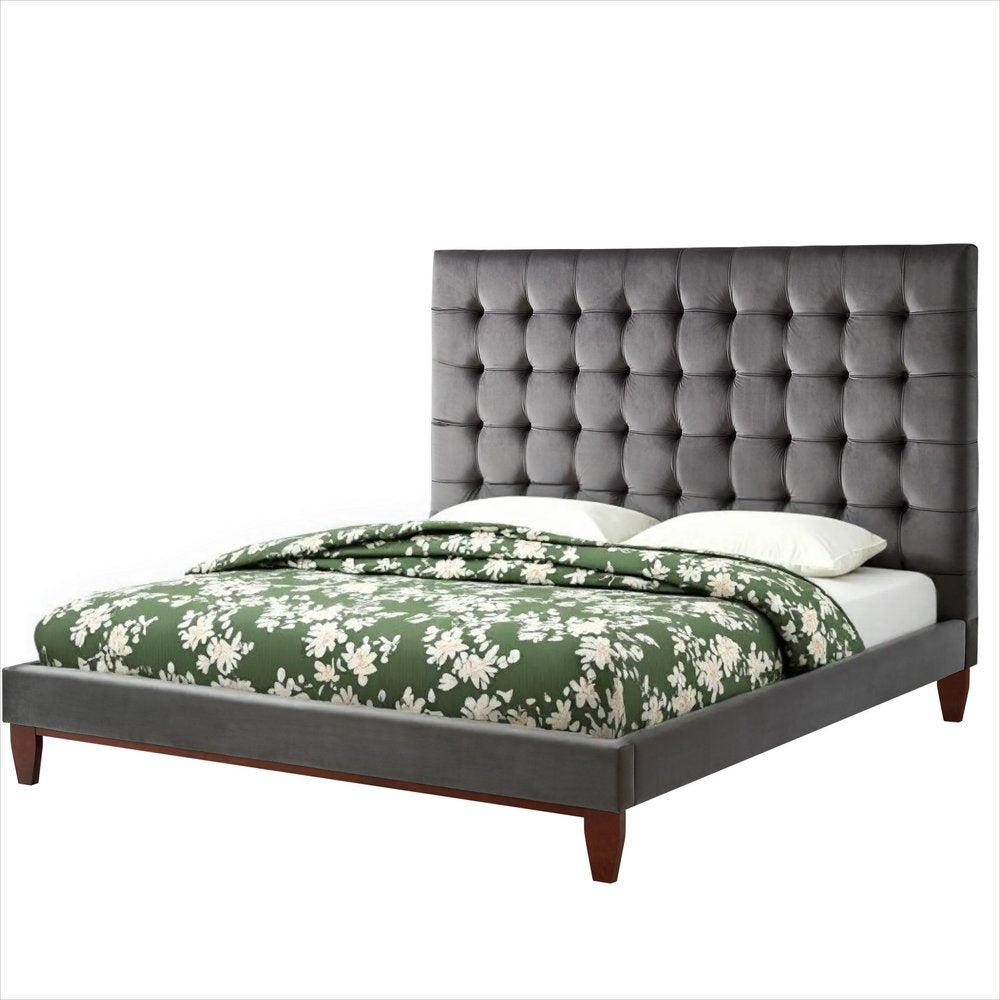 Gray Solid Wood King Tufted Upholstered Velvet Bed