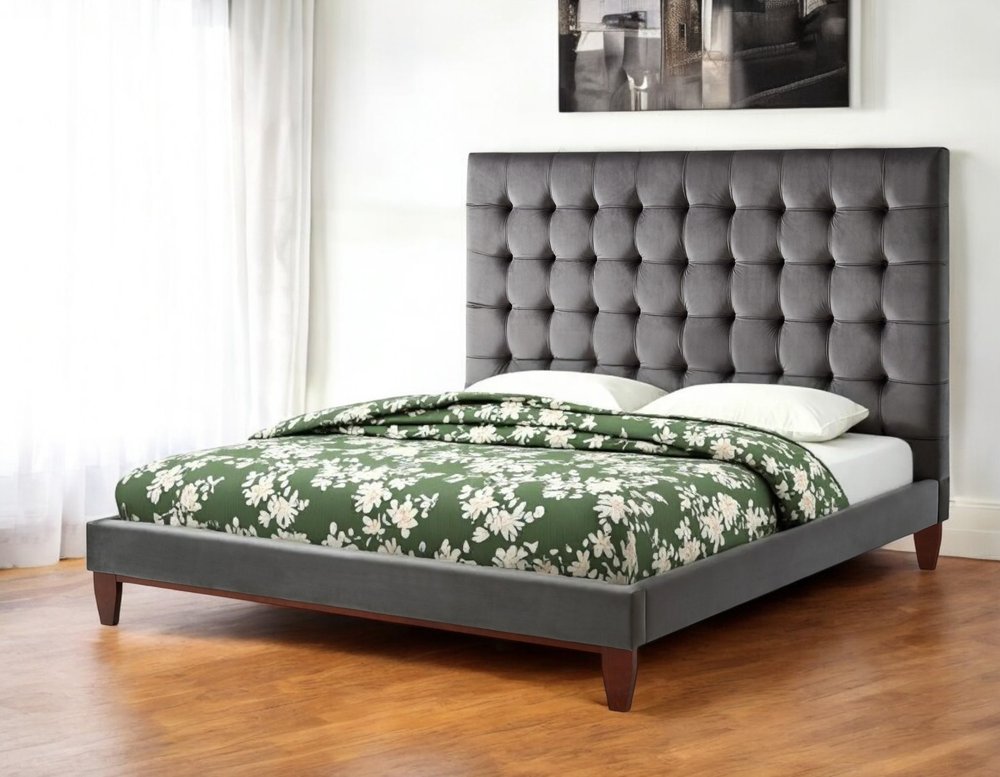 Gray Solid Wood King Tufted Upholstered Velvet Bed