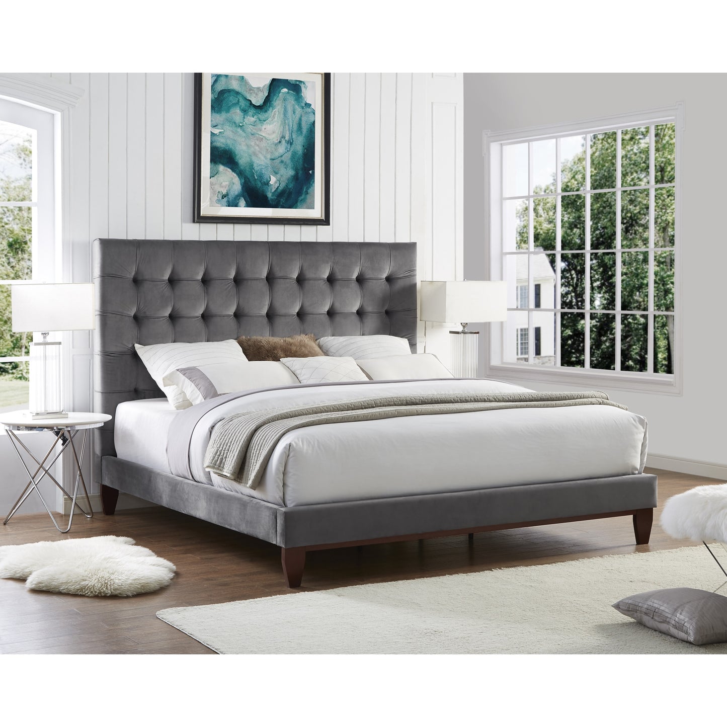 Gray Solid Wood King Tufted Upholstered Velvet Bed