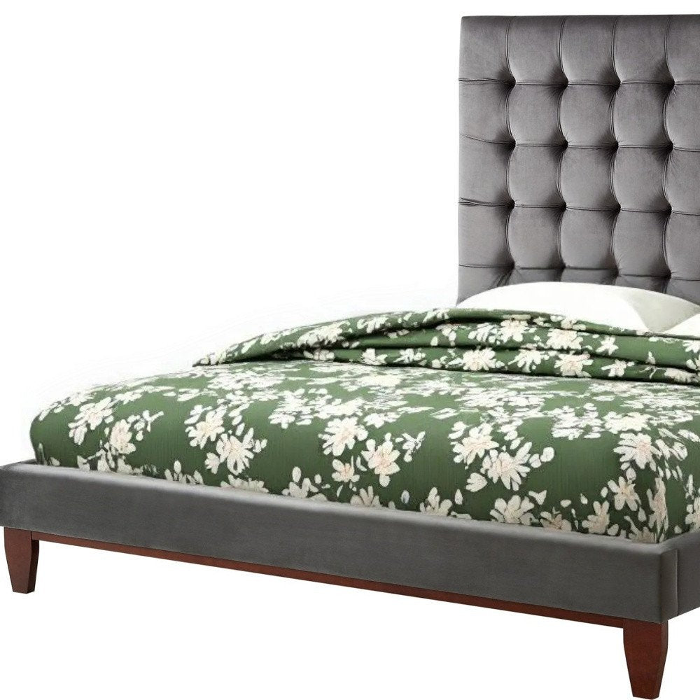 Gray Solid Wood King Tufted Upholstered Velvet Bed