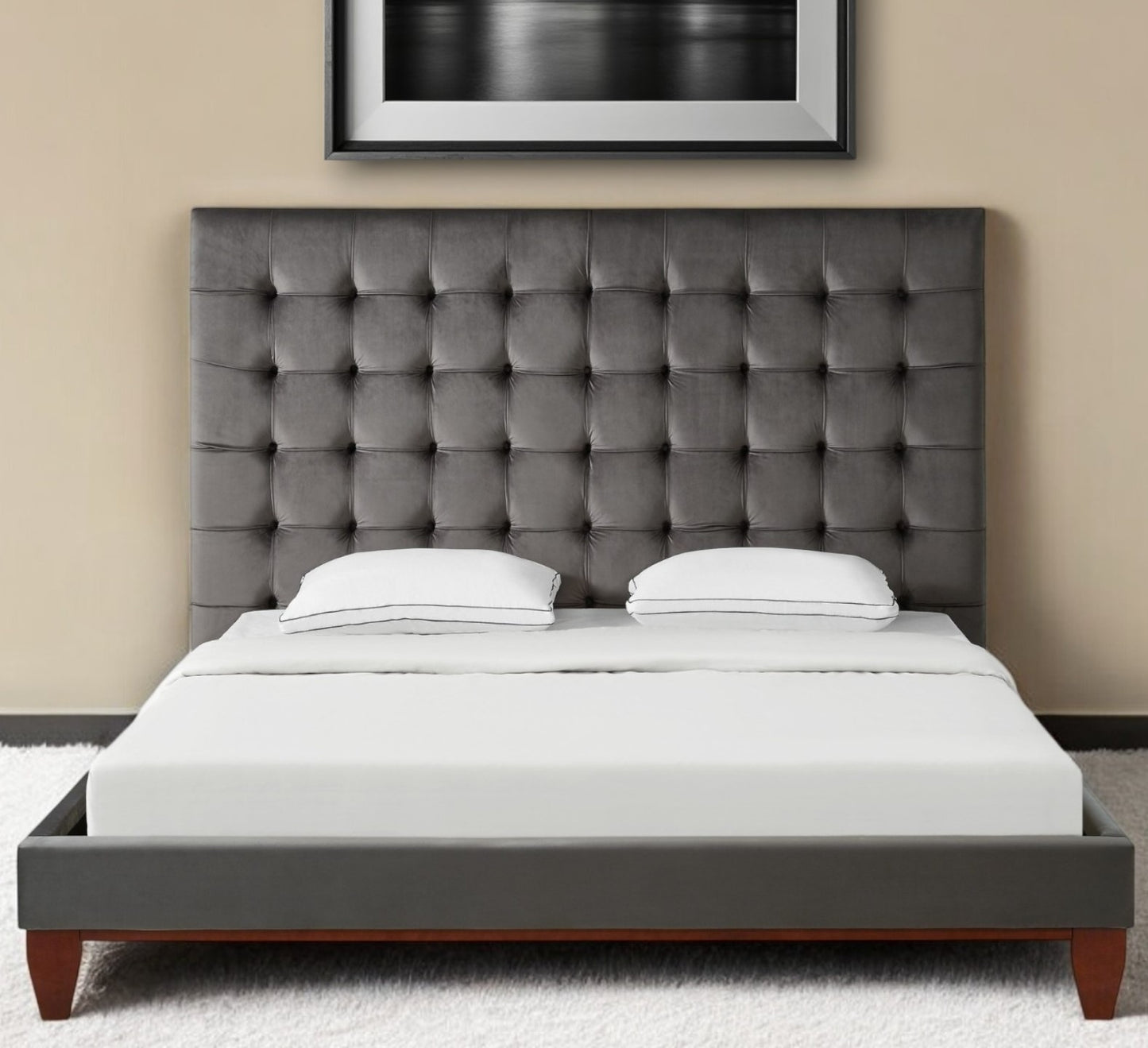 Gray Solid Wood Queen Tufted Upholstered Velvet Bed