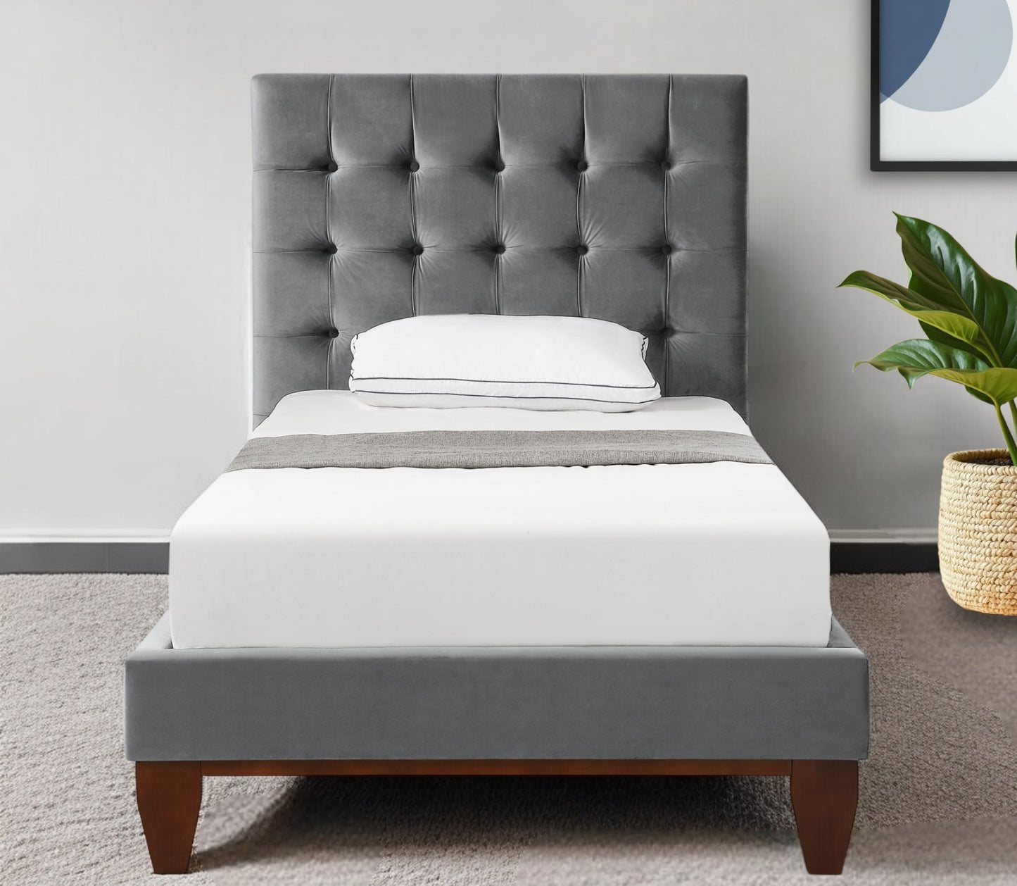 Gray Solid Wood Twin Tufted Upholstered Velvet Bed