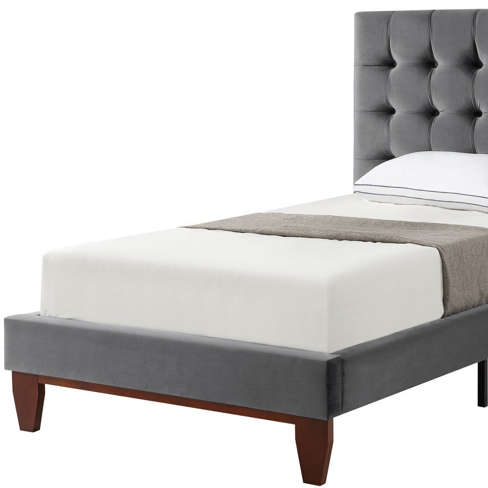 Gray Solid Wood Twin Tufted Upholstered Velvet Bed