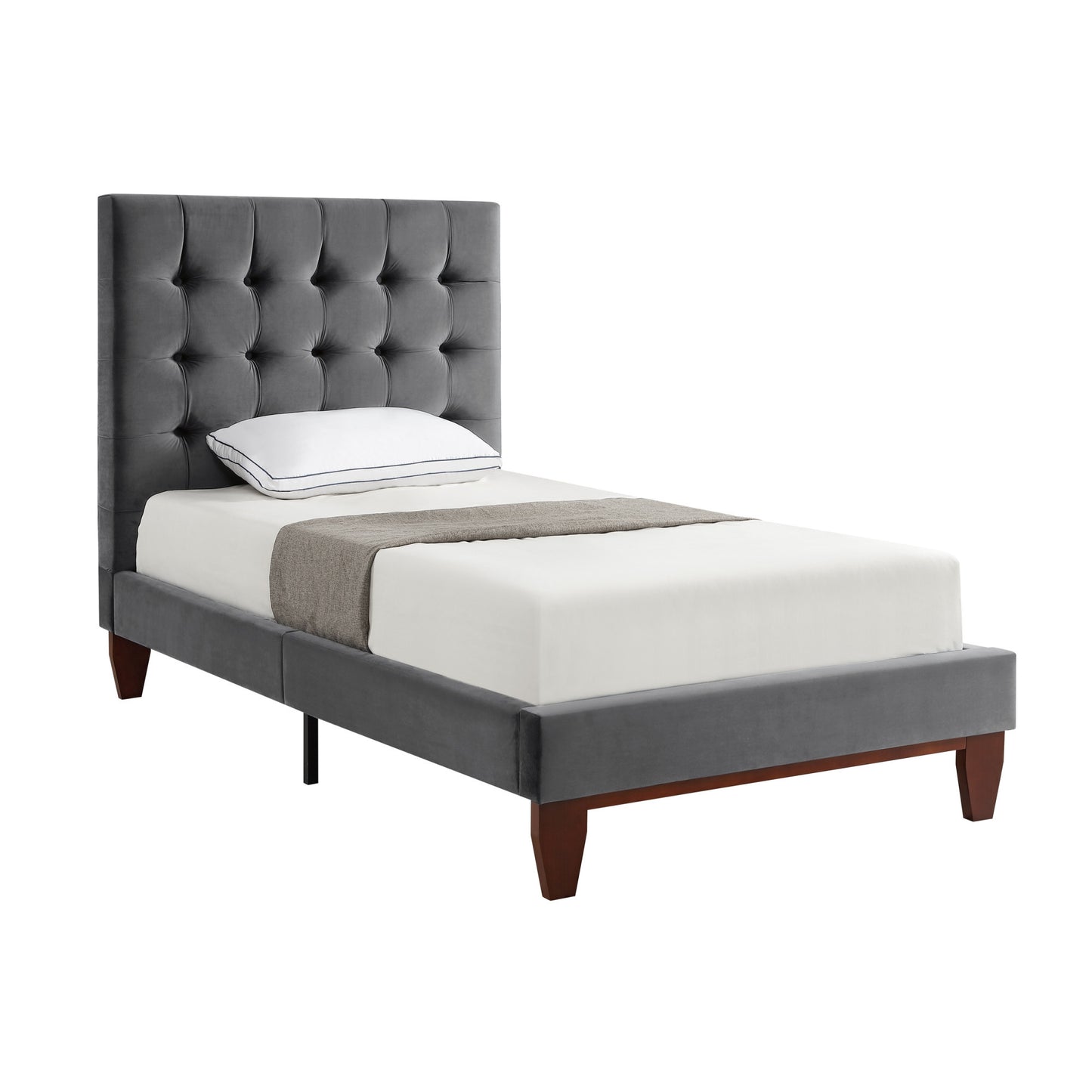 Gray Solid Wood Twin Tufted Upholstered Velvet Bed