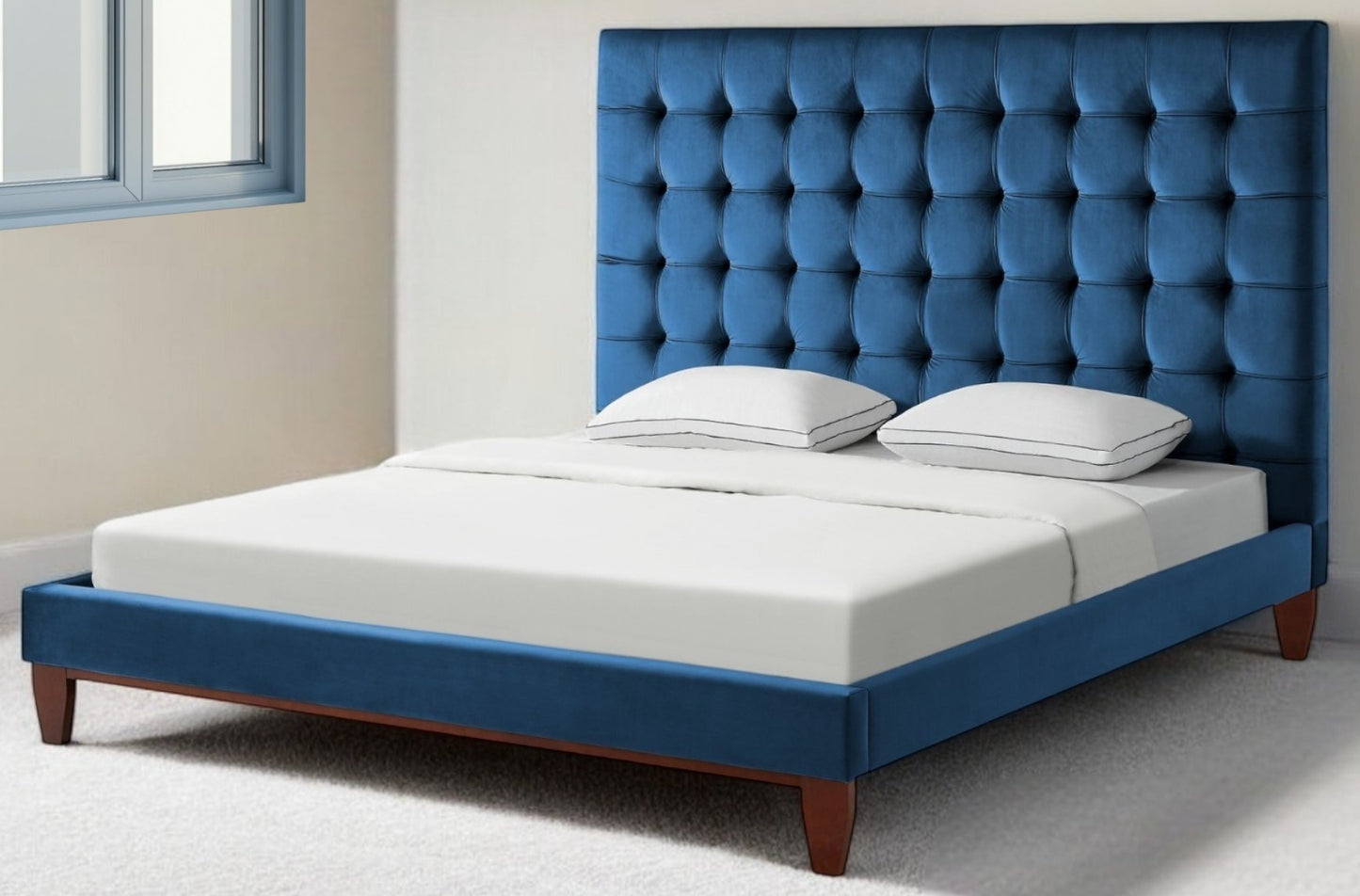 Navy Blue Solid Wood King Tufted Upholstered Velvet Bed