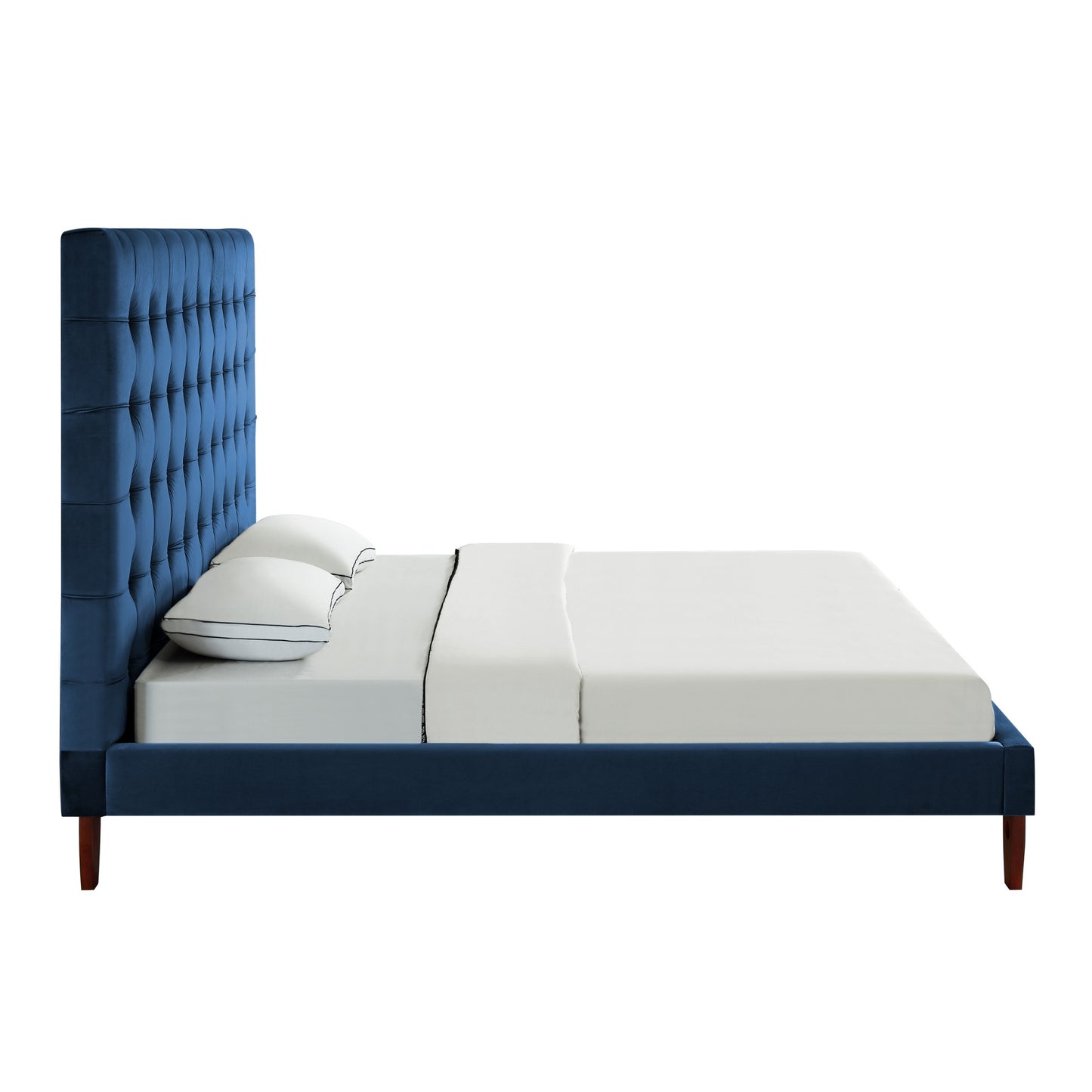 Navy Blue Solid Wood King Tufted Upholstered Velvet Bed