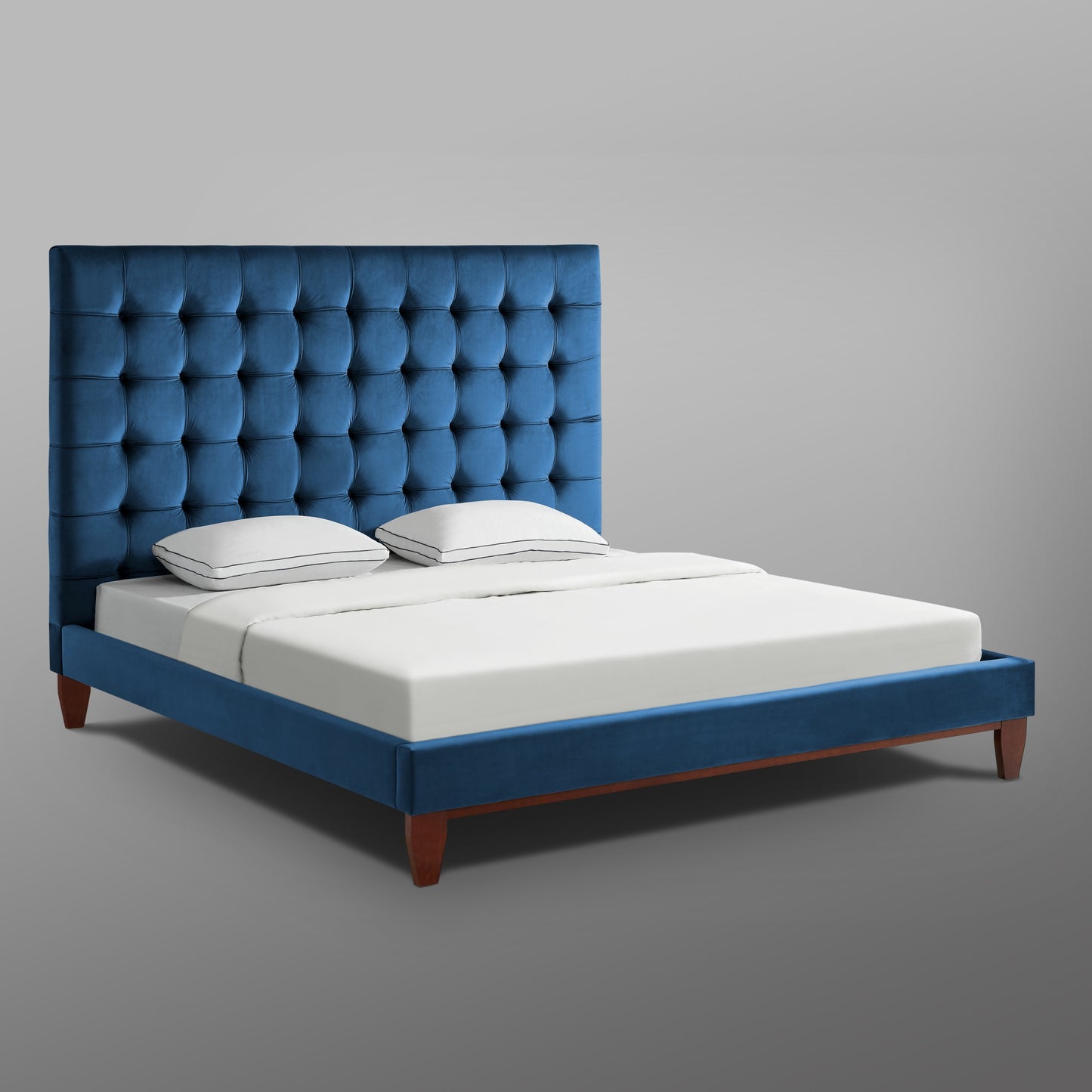Navy Blue Solid Wood King Tufted Upholstered Velvet Bed
