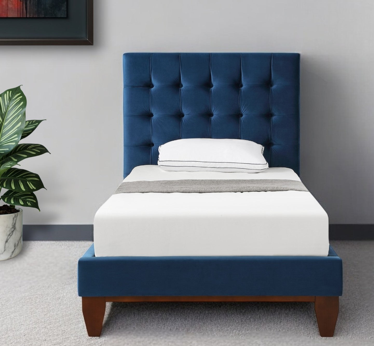 Navy Blue Solid Wood Twin Tufted Upholstered Velvet Bed