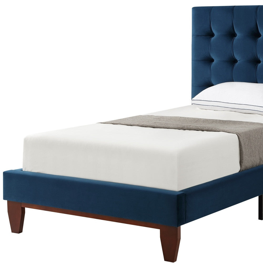 Navy Blue Solid Wood Twin Tufted Upholstered Velvet Bed