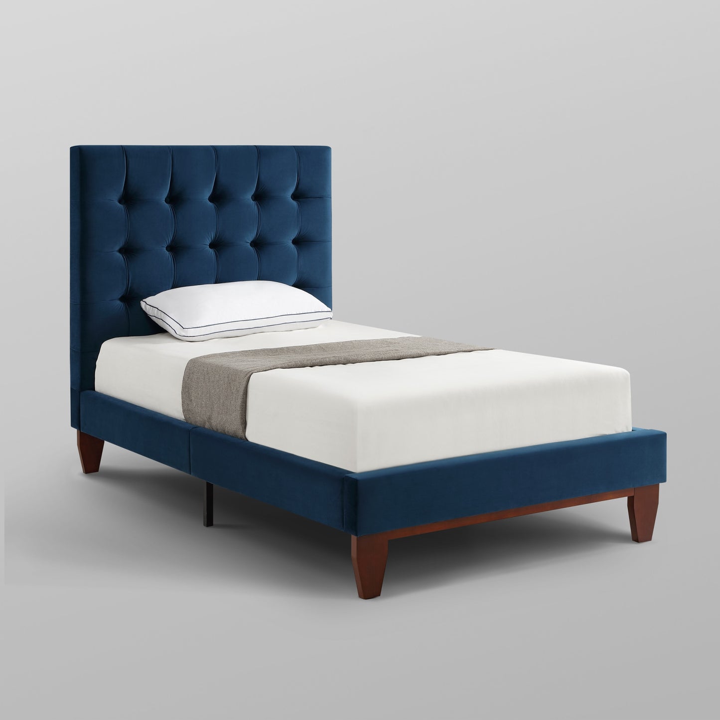 Navy Blue Solid Wood Twin Tufted Upholstered Velvet Bed