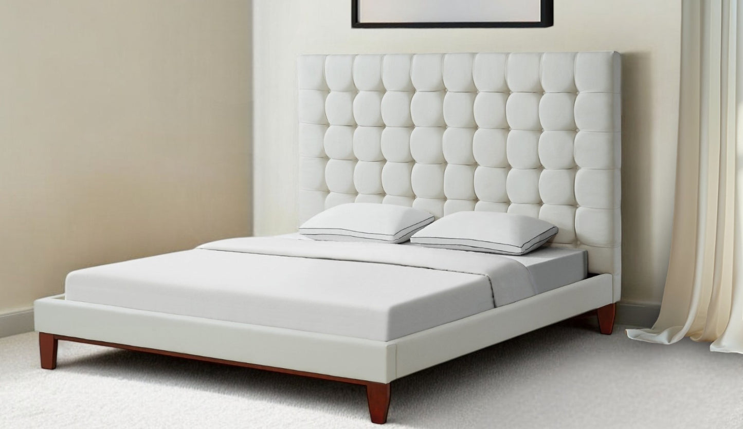 Beige Solid Wood King Tufted Upholstered Linen Bed