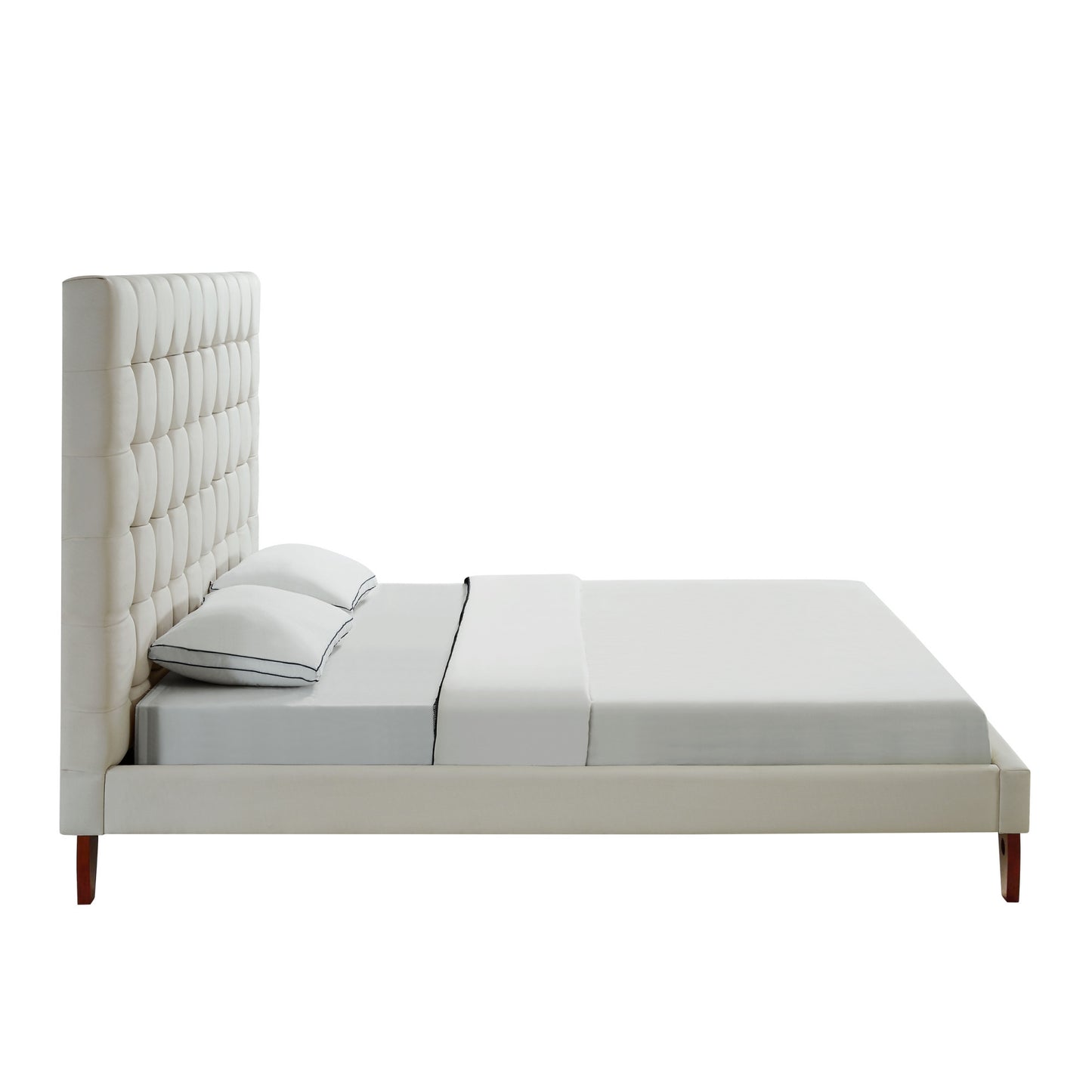 Beige Solid Wood King Tufted Upholstered Linen Bed