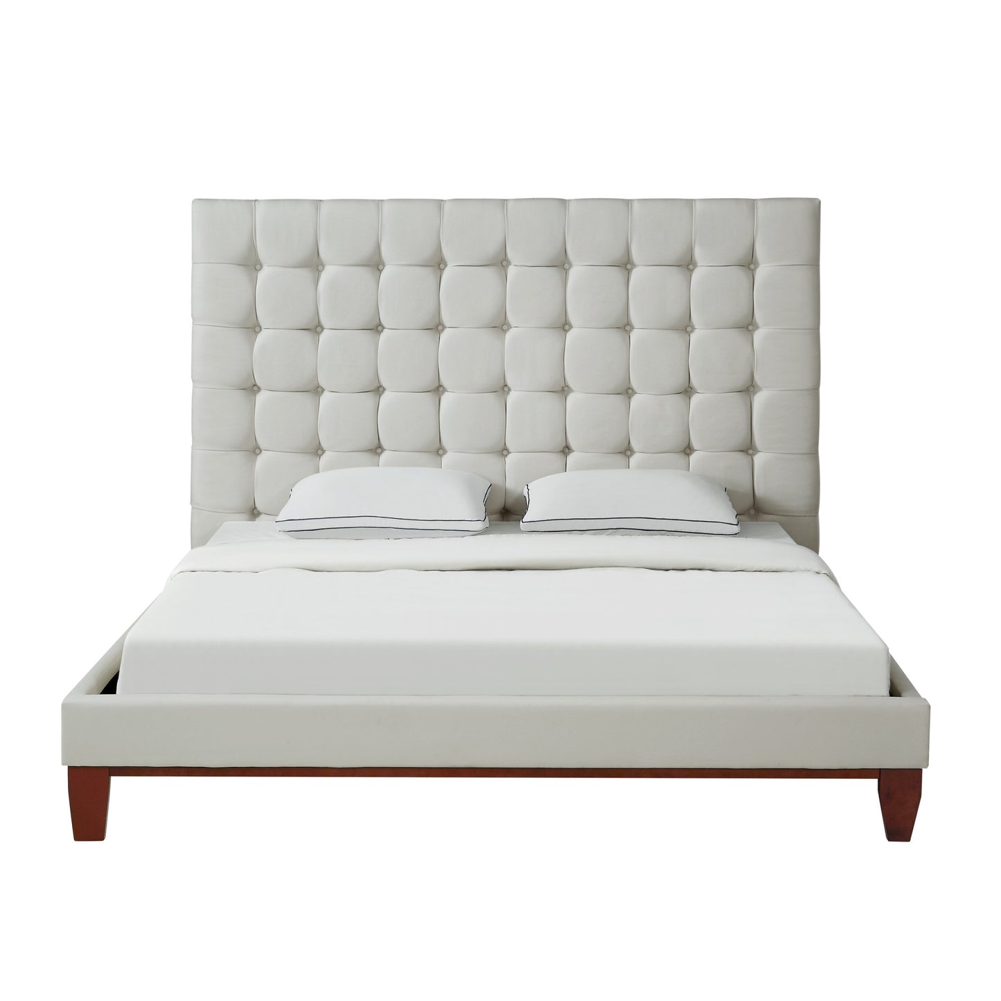 Beige Solid Wood King Tufted Upholstered Linen Bed