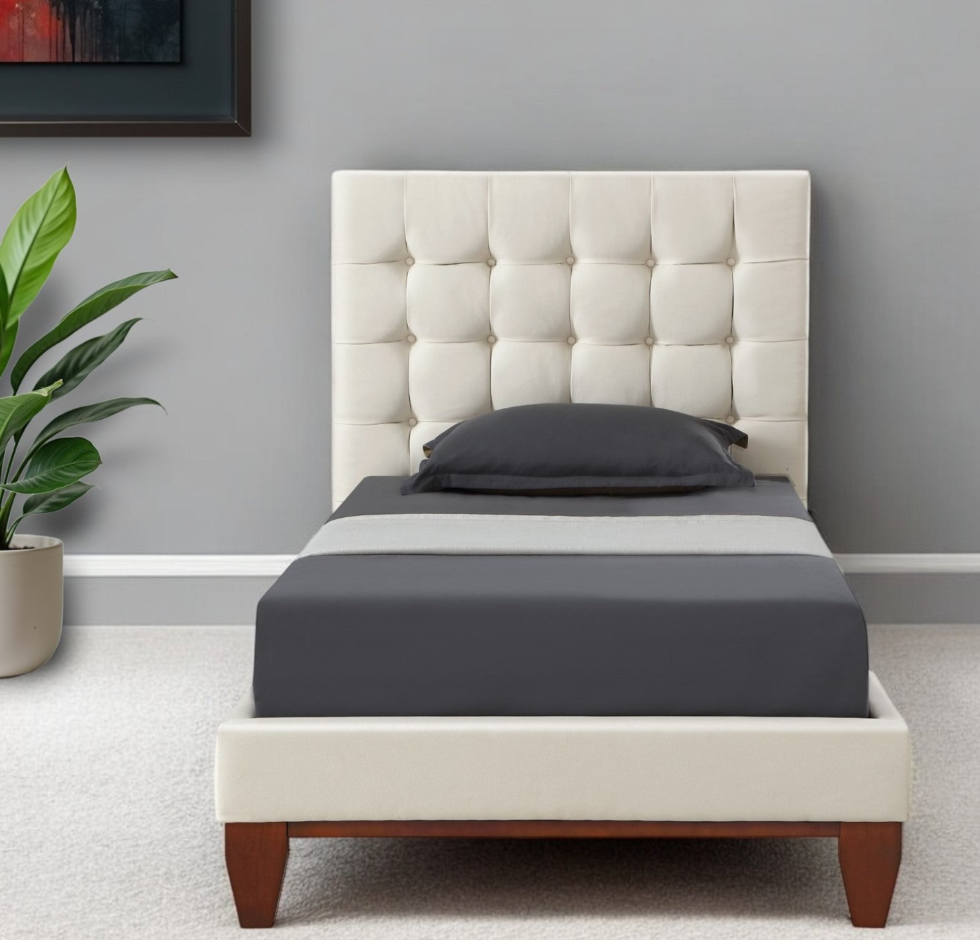 Beige Solid Wood Twin Tufted Upholstered Linen Bed Frame