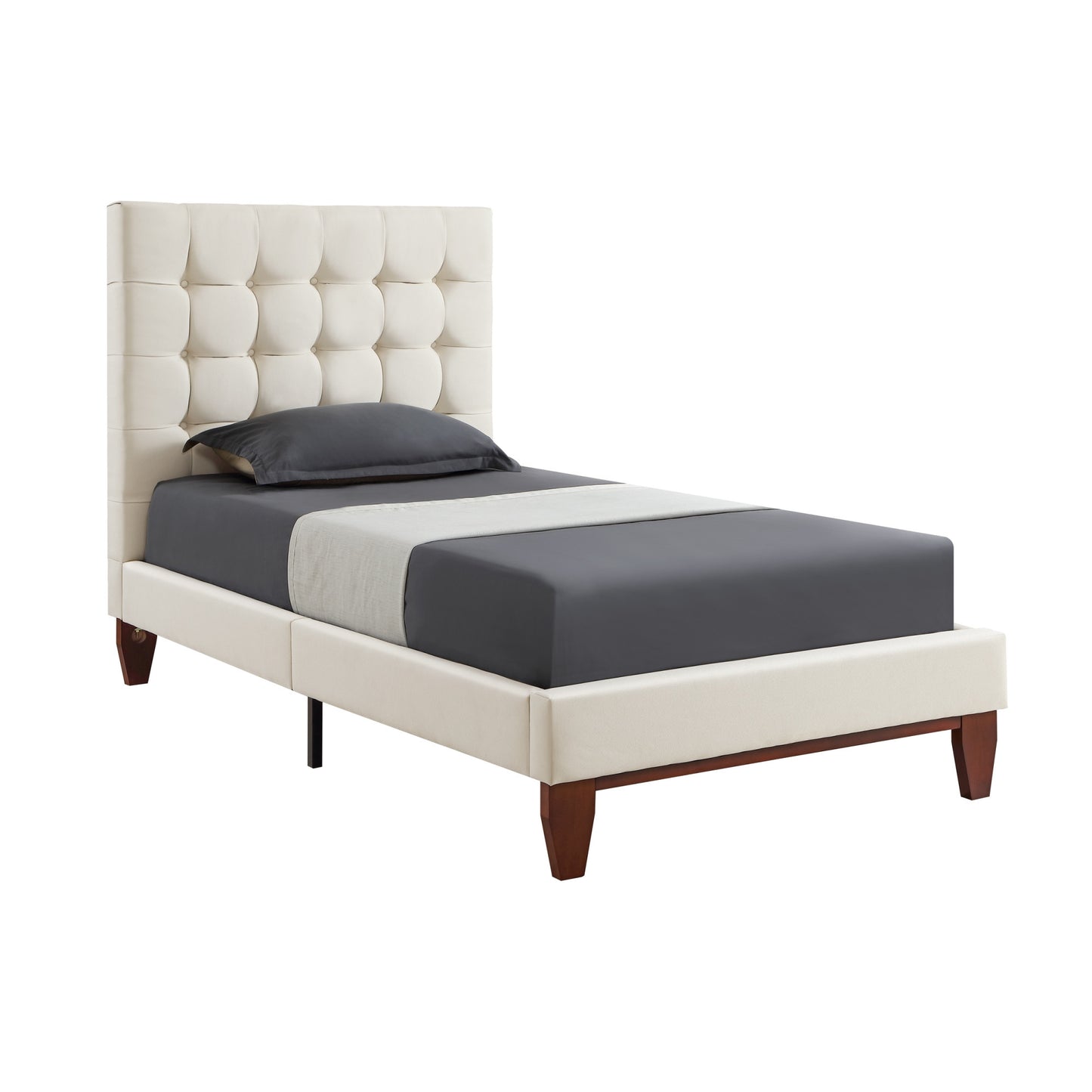 Beige Solid Wood Twin Tufted Upholstered Linen Bed Frame