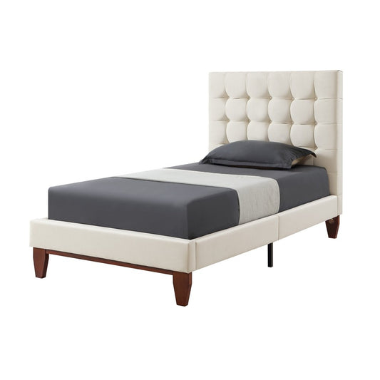 Beige Solid Wood Twin Tufted Upholstered Linen Bed Frame