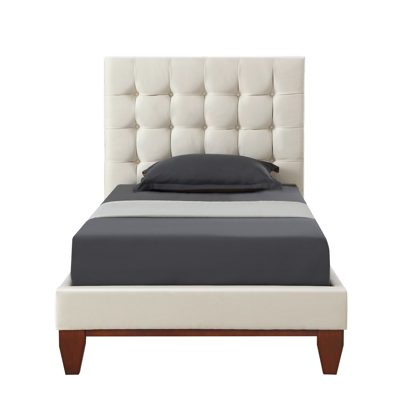 Beige Solid Wood Twin Tufted Upholstered Linen Bed Frame