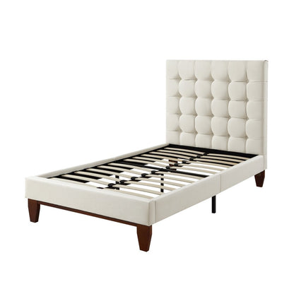 Beige Solid Wood Twin Tufted Upholstered Linen Bed Frame