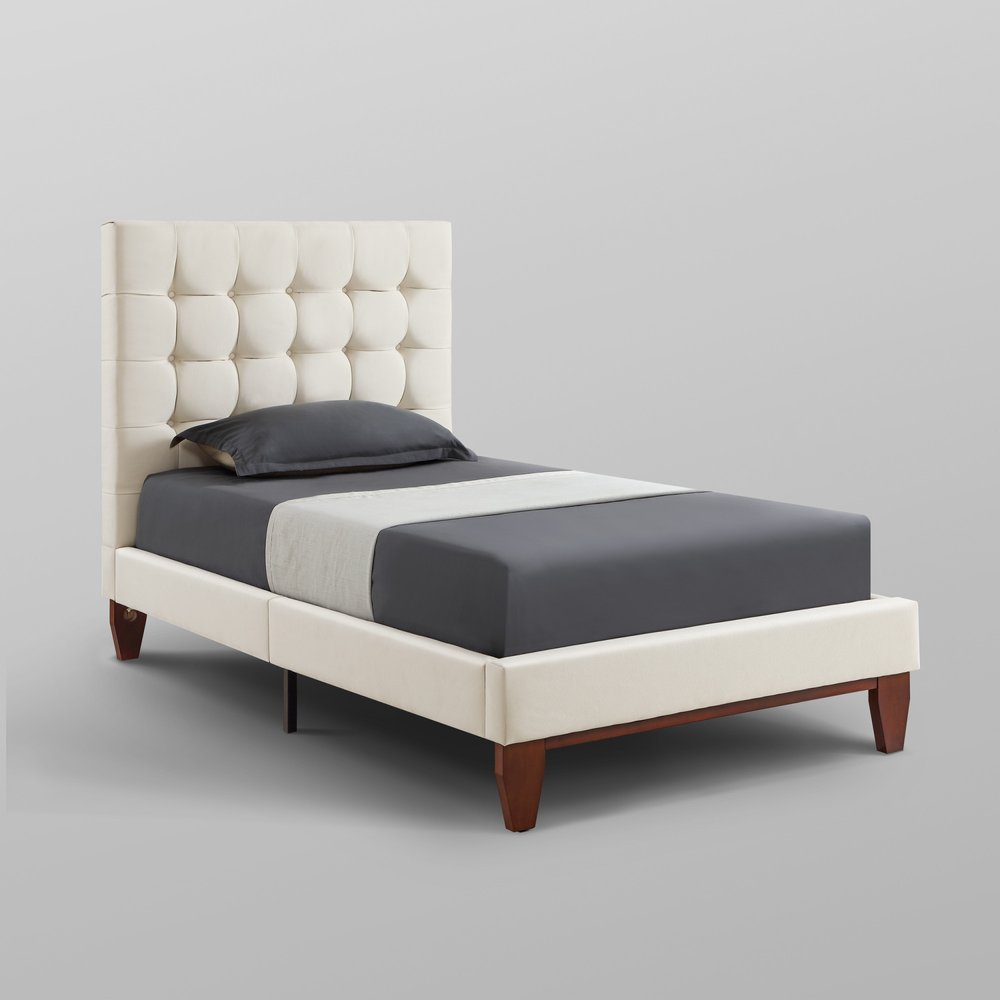 Beige Solid Wood Twin Tufted Upholstered Linen Bed Frame