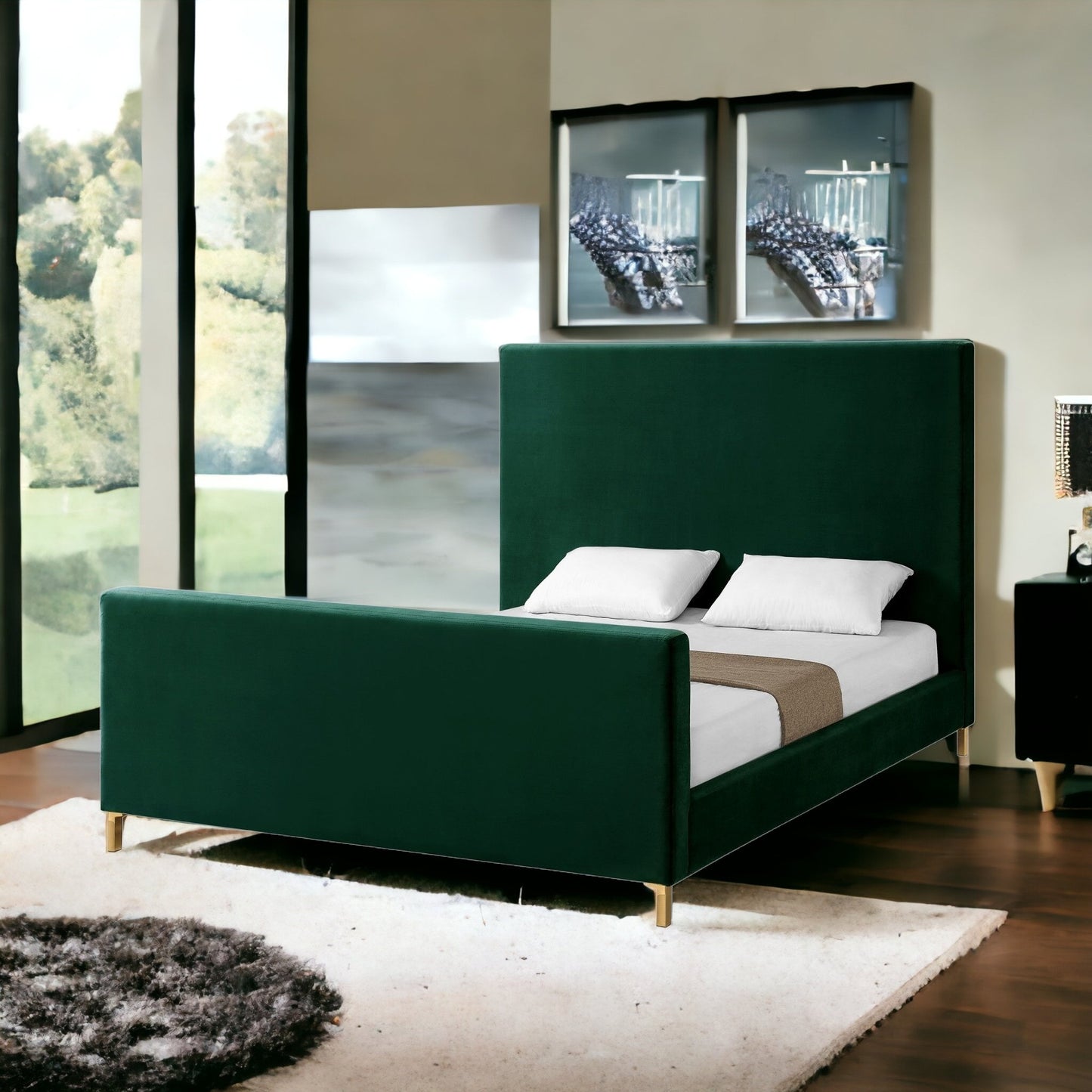 Hunter Green Solid Wood King Upholstered Velvet Bed