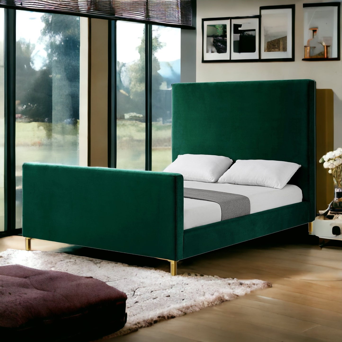 Hunter Green Solid Wood Queen Upholstered Velvet Bed