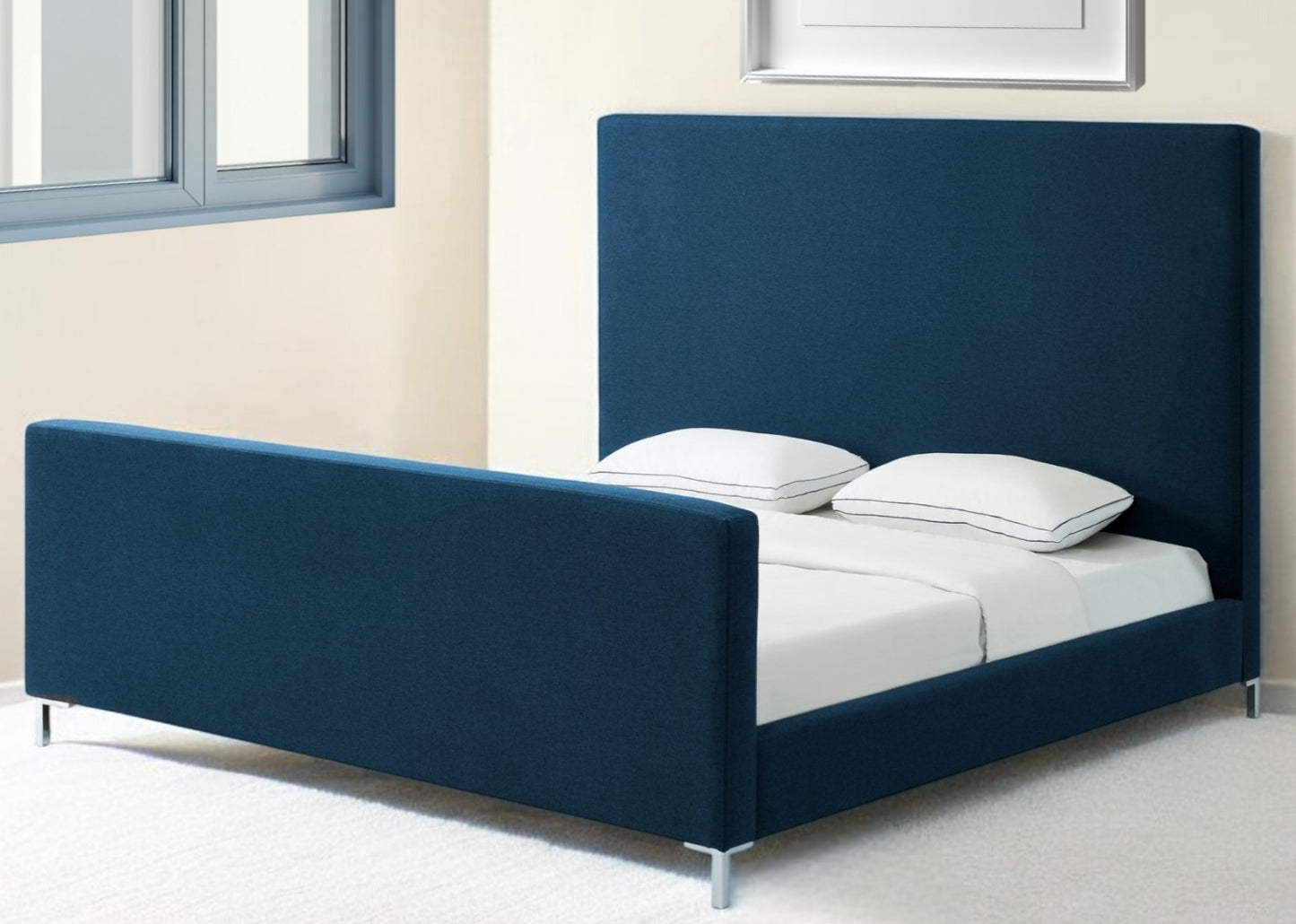 Denim Blue Solid Wood King Upholstered Linen Bed