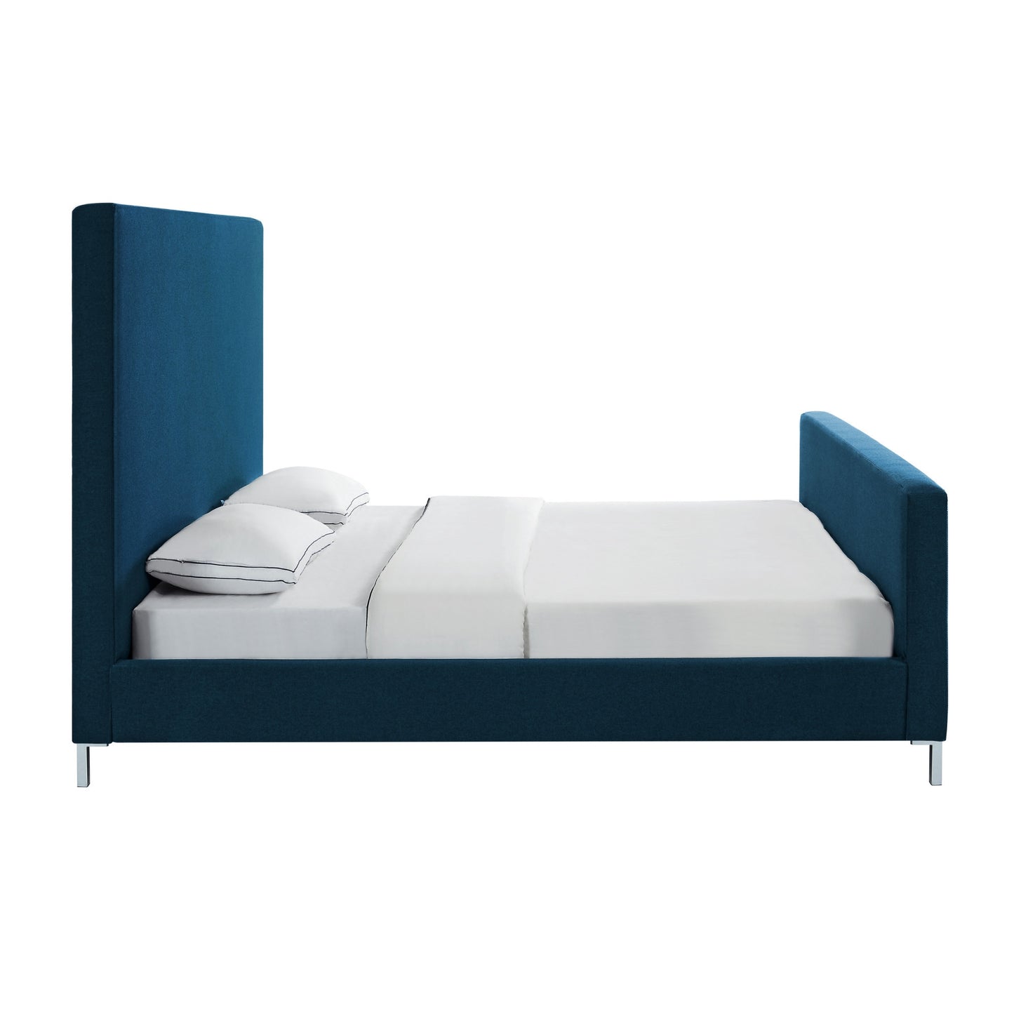 Denim Blue Solid Wood King Upholstered Linen Bed