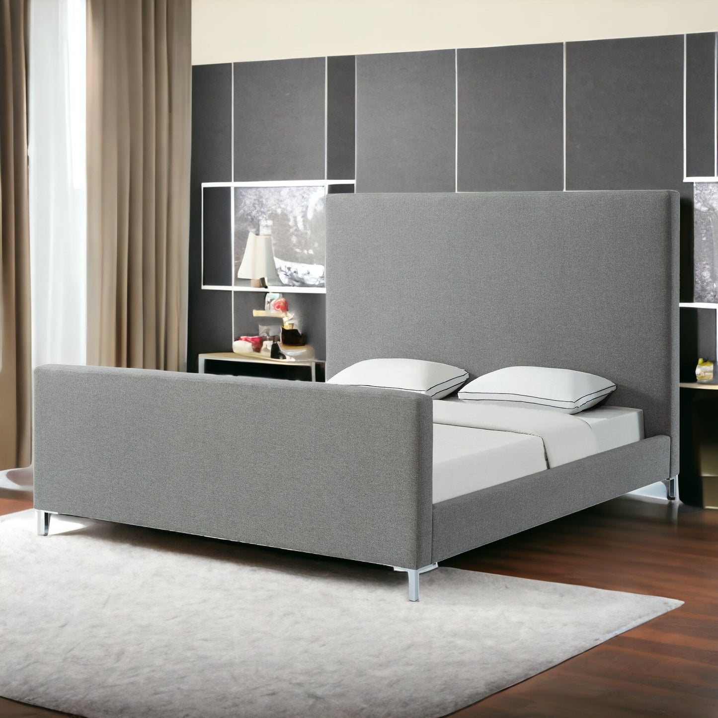 Gray Solid Wood Queen Upholstered Linen Bed