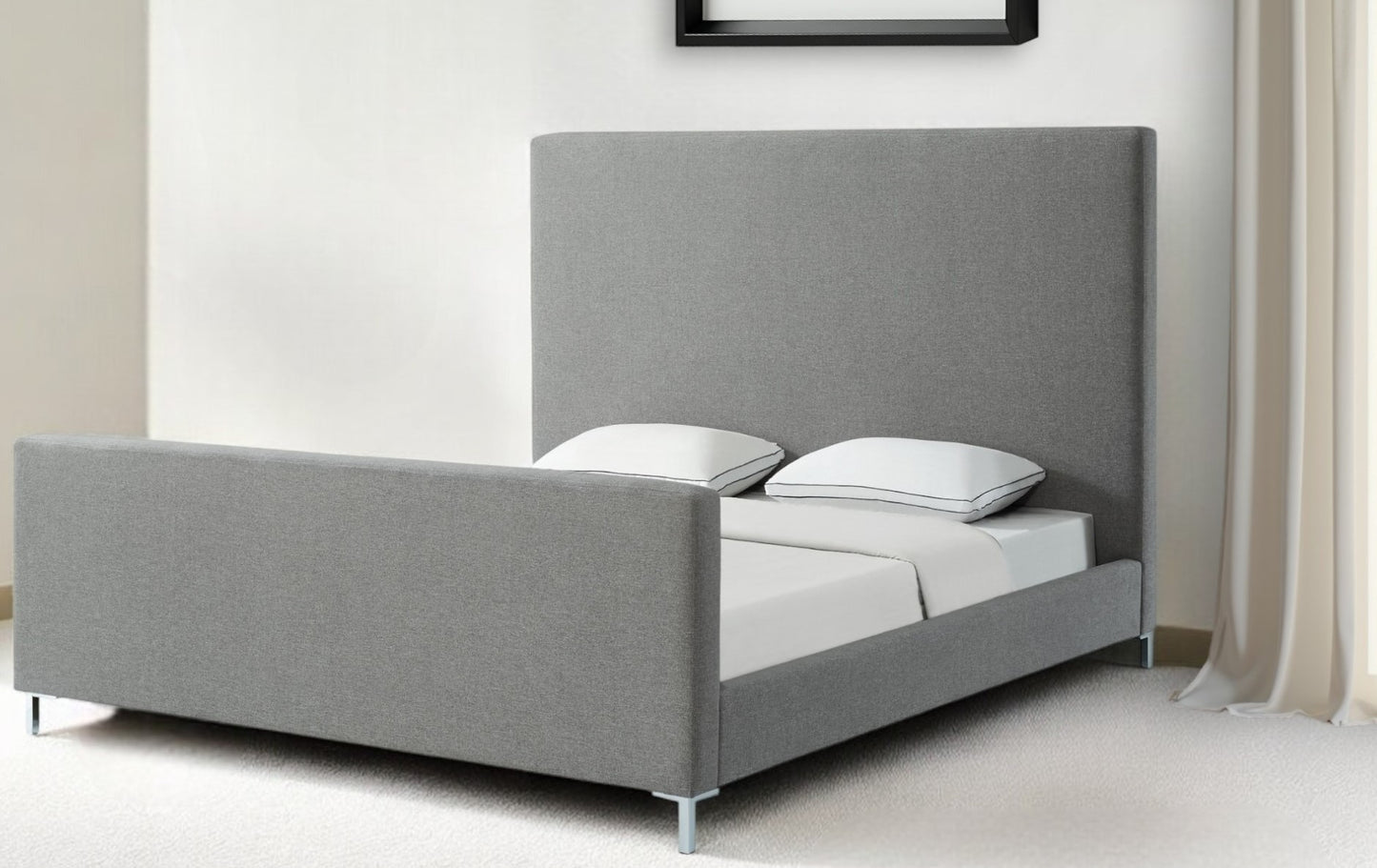 Gray Solid Wood Queen Upholstered Linen Bed