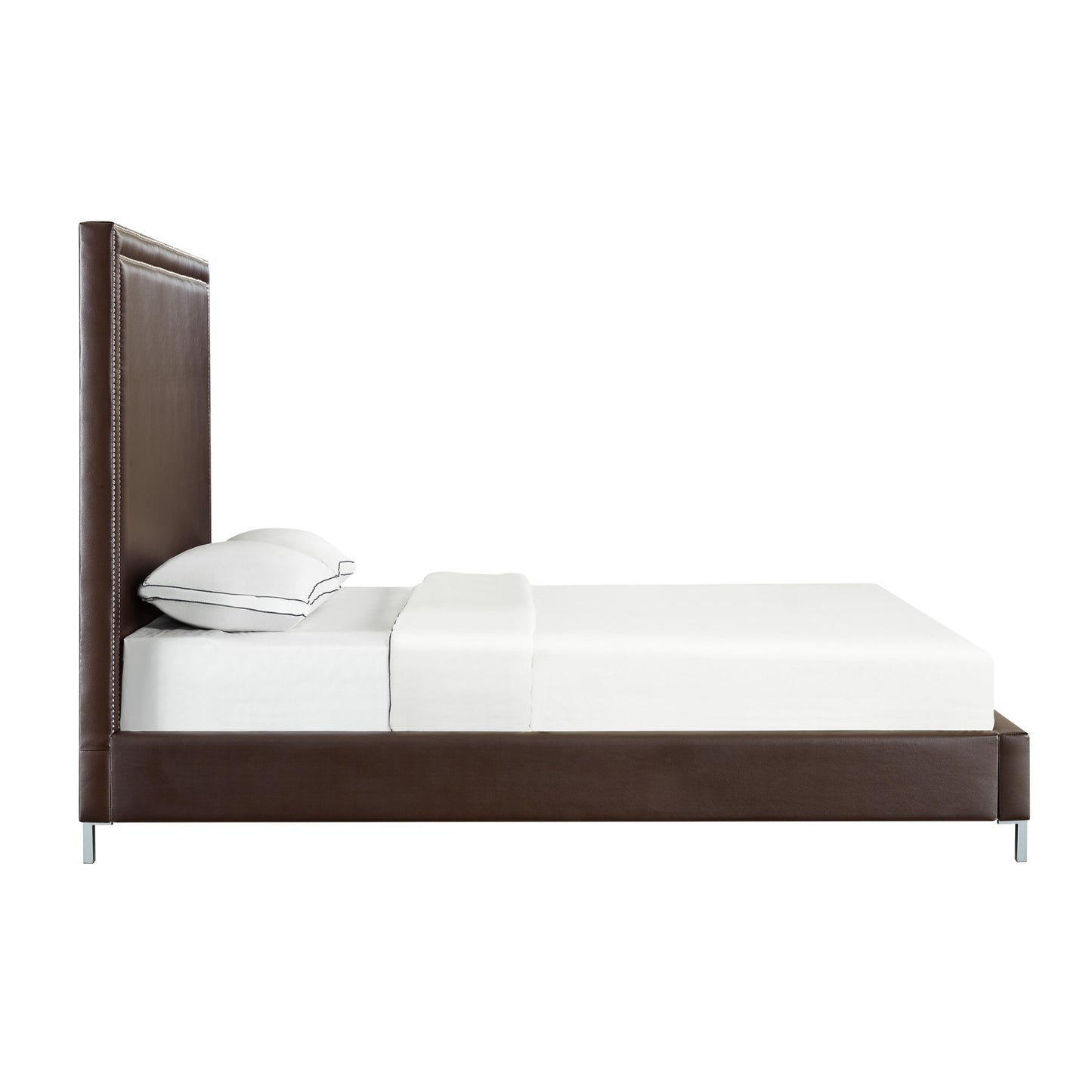 Espresso Solid Wood King Upholstered Faux Leather Bed with Nailhead Trim