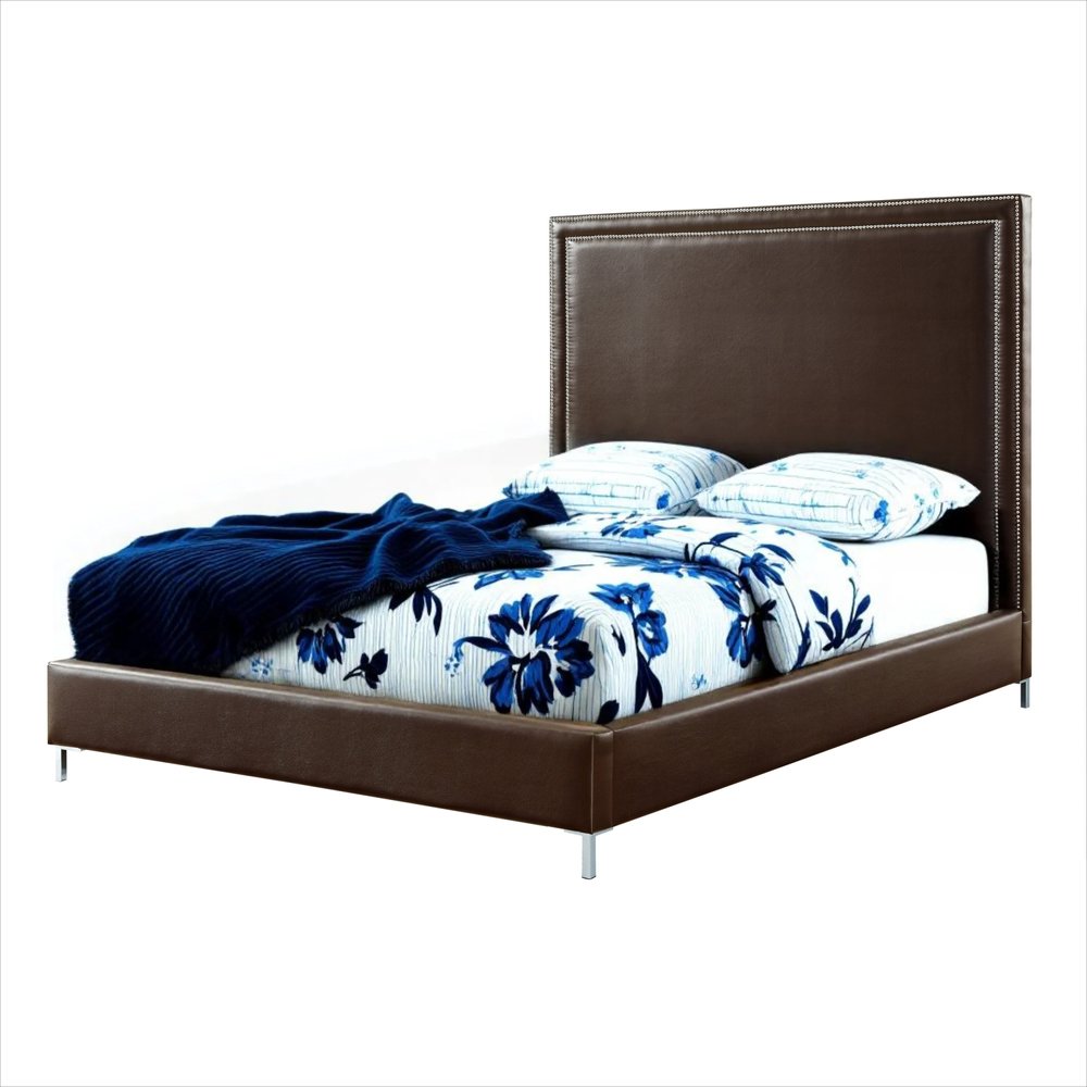 Espresso Solid Wood King Upholstered Faux Leather Bed with Nailhead Trim